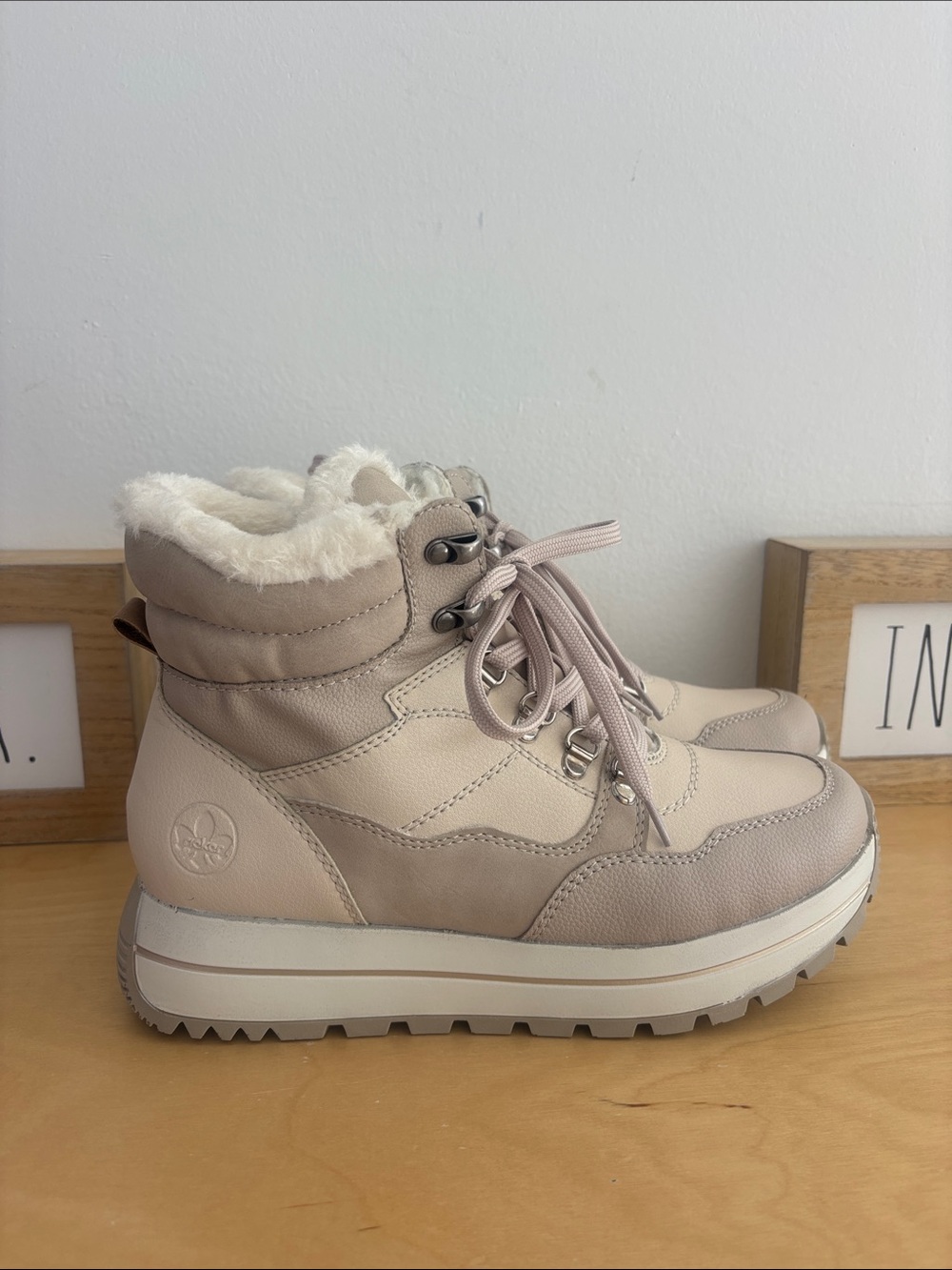 Rieker Women's Light Taupe Faux-Fur Lace-Up Winter Boots NEW